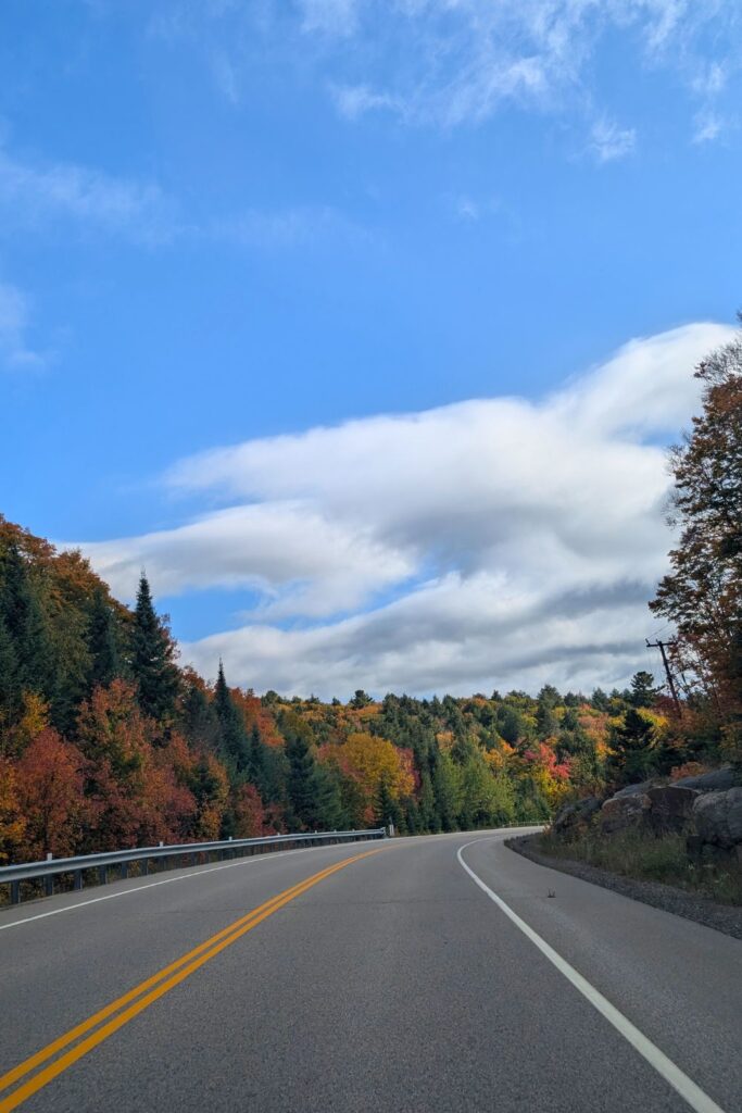 Driving along Highway 60 in Algonquin Park in fall