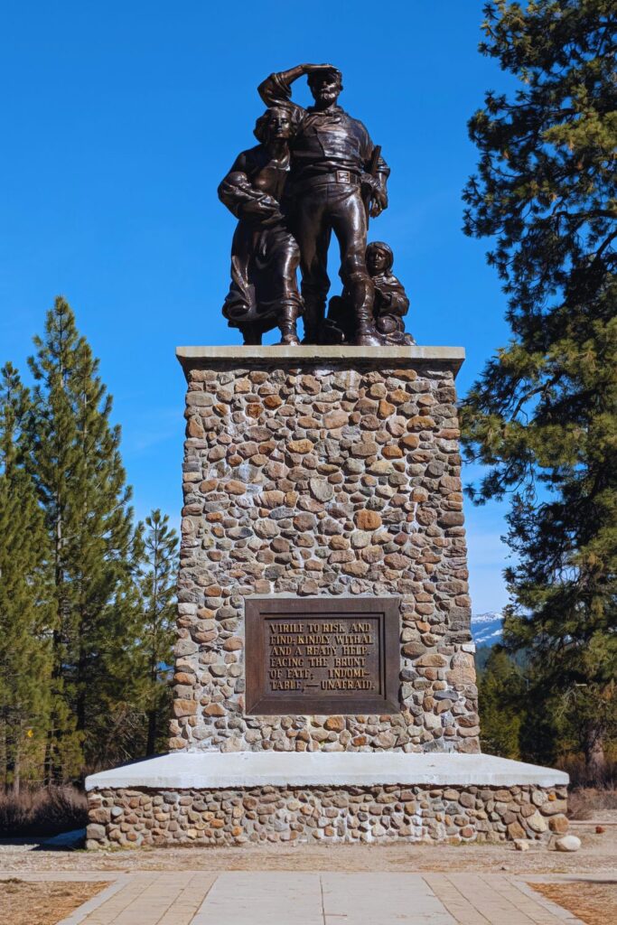 the memorial for the Donner party, found outside the museum and inside the entrance to Donner Memorial State Park