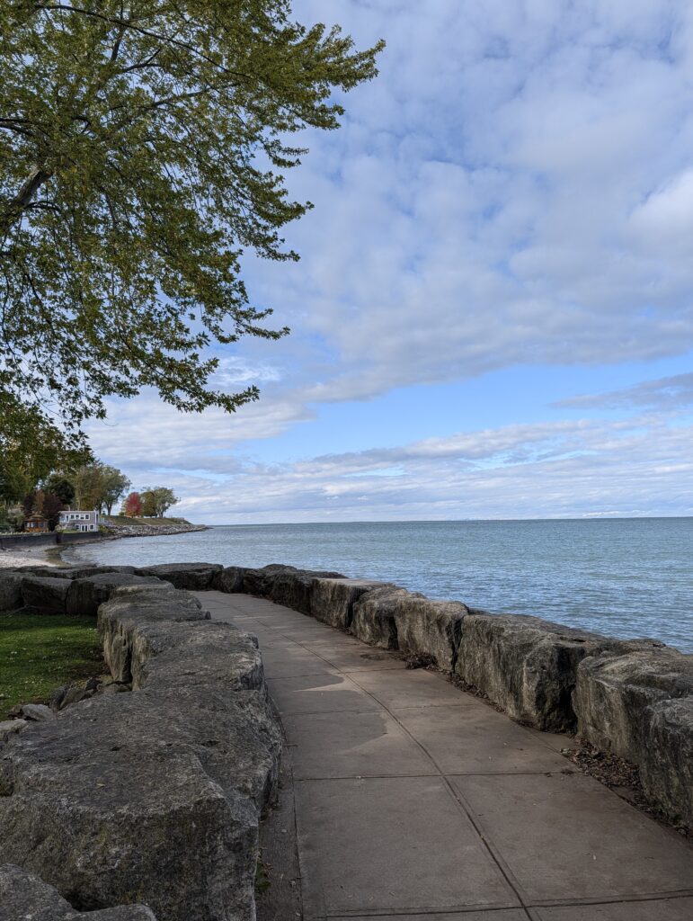 the path along the lake, near the gazebo