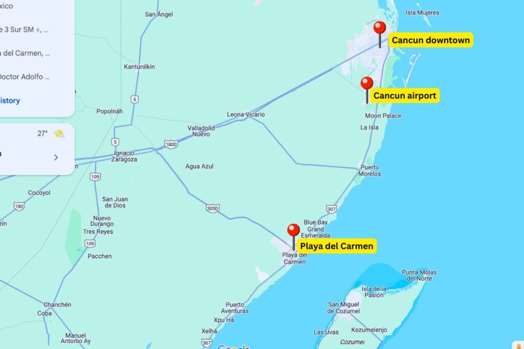 a map showing cancun to playa del carmen