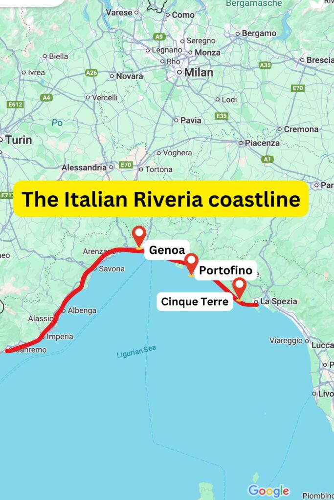 map of the Italian riveria, showing the rough area where Genoa, Portofino and Cinque Terre are located
