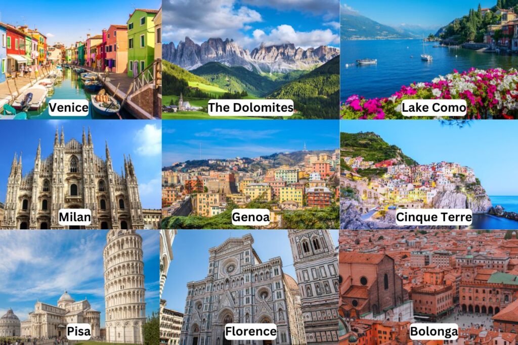 places to visit on a northern italy itinerary - venice, dolomites, lake como, milan, genoa, cinque terre, pisa, florence, bolonga 