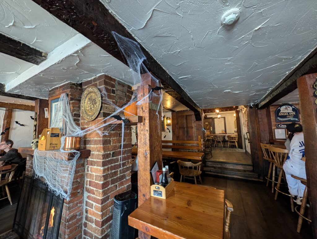 Inside of Olde Angel Inn, decorated for Halloween