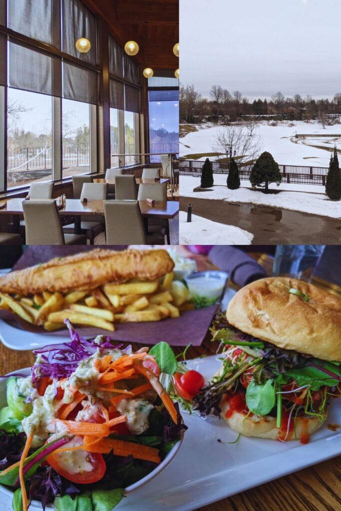 Riverview restaurant photos - the large windows, view of the golf course, and a veggie burger with a salad