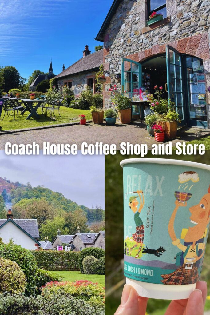 Coach House Coffee Shop and Store on top, with views of the scenery and one of their coffee cups on the bottom