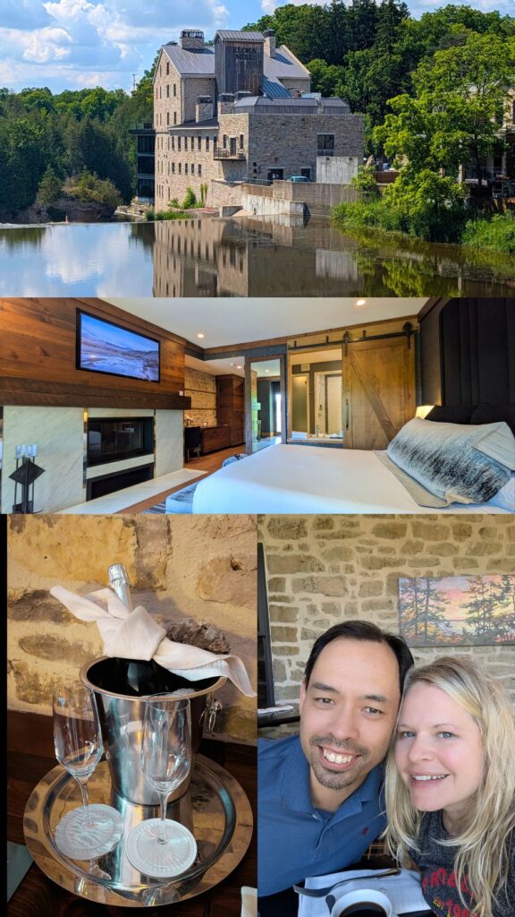 Photos from our stay at the Elora Mill Hotel and Spa. A photo of the hotel by the river, our riverview room, the bottle of champagne they left us, and a photo of us in the restaurant