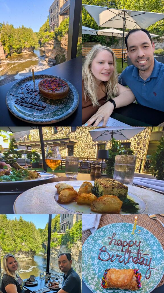 photos from the Elora Mill Restaurant, including the patio and the interior dining, and the food