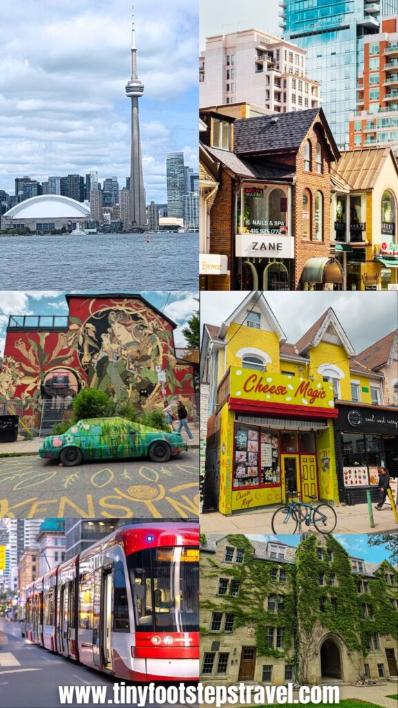 Photos of downtown Toronto - CN Tower and Rogers Centre, old houses, Kensington Market, Toronto streetcar, and old buildings in University of Toronto St. Geoge campus