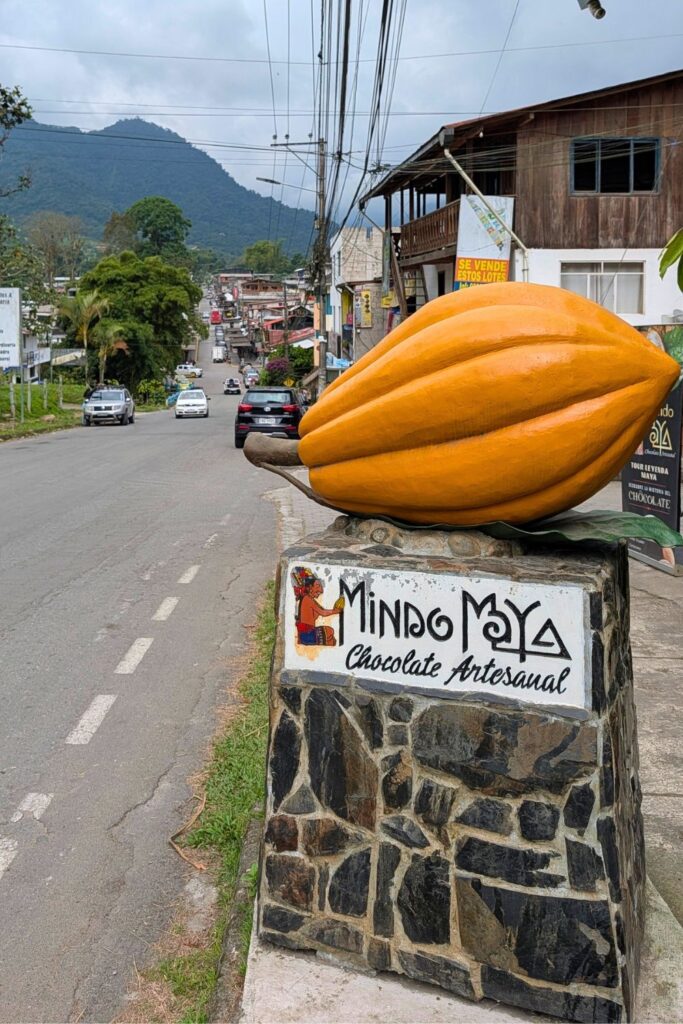 Ecuadorian chocolate brand Mindo Maya in front of the mountains of Mindo, Ecuador