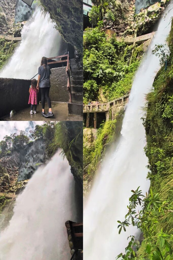 three photos of El Pailon de Diablo waterfall in Baños, Ecuador